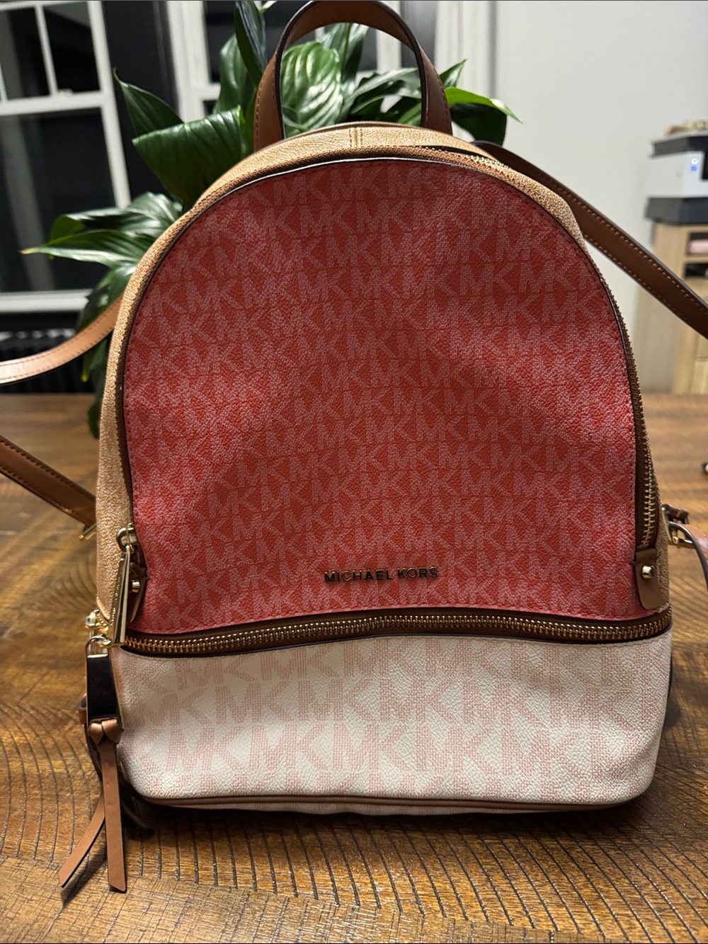 Michael Kors Coral and Cream Signature Mini Backpack with Tan Trim
